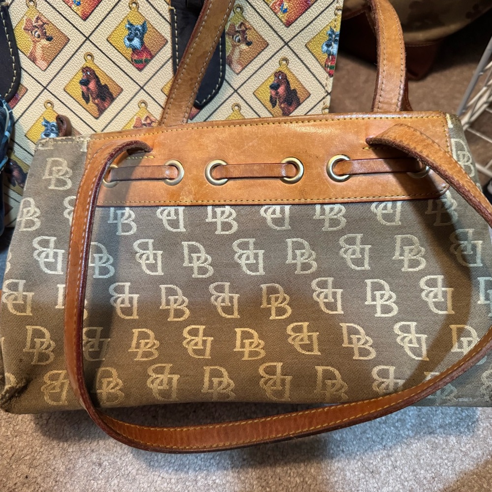 Dooney & Bourke Brown Monogram Shoulder Bag with Tan Leather Trim